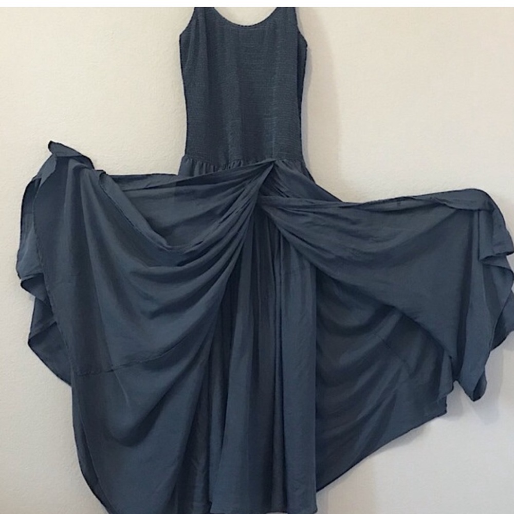 Gunmetal blue elegant silk dress full skirt with smocked tank style top. NWOT - Picture 9 of 9